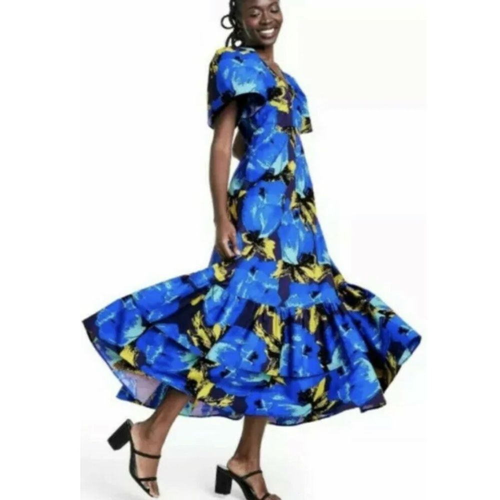 NEW Christopher John Rogers Blue Floral Puff Sleeve Tiered Ruffle Maxi Dress 4